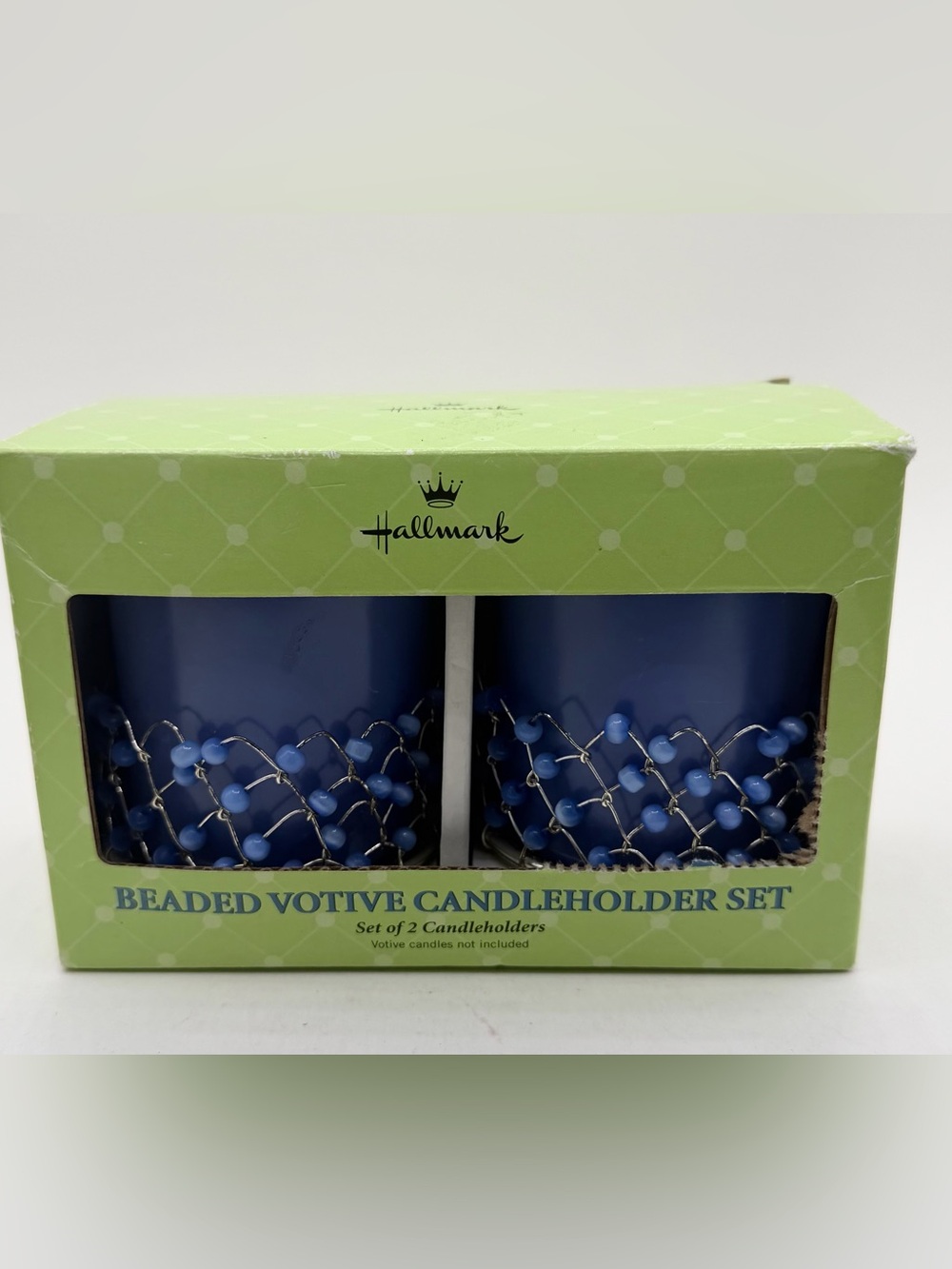 Hallmark Blue Votive Candle Holder Set Silver Wire Blue Glass Beads